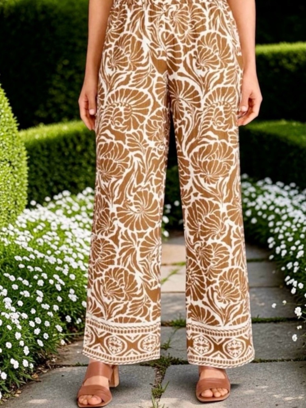 SOFT SURROUNDINGS OCEO GAUZE WIDE LEG PANTS ~NAUTICAL SHELLS NEUTRAL PRINT SZ L - Picture 1 of 6
